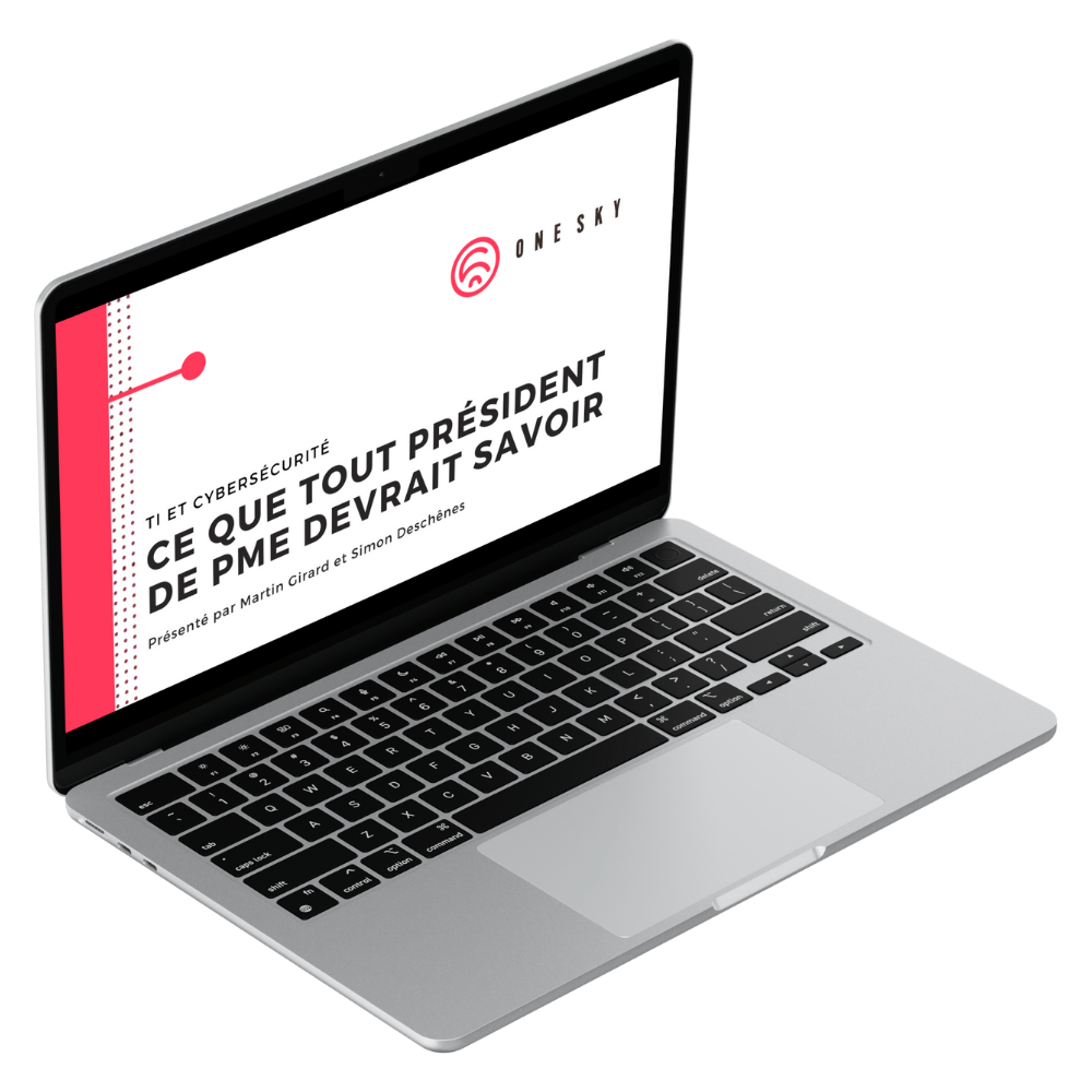 ordinateur affichant les première page de la présentation du webinaire sur les enjeux de TI et cybersécurité d'un dirigeant de PME au Québec